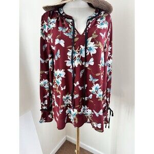 Entro Women’s Medium Burgundy Floral Butterfly Blouse Boho Peasant Tie Sleeve